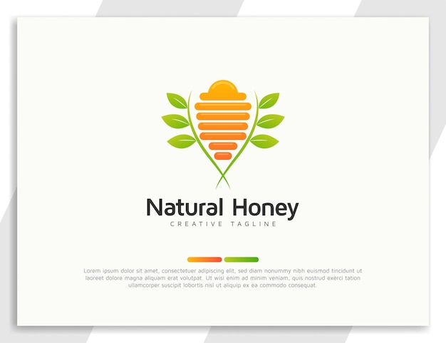 Fresh bee hive logo with green leaves illustration