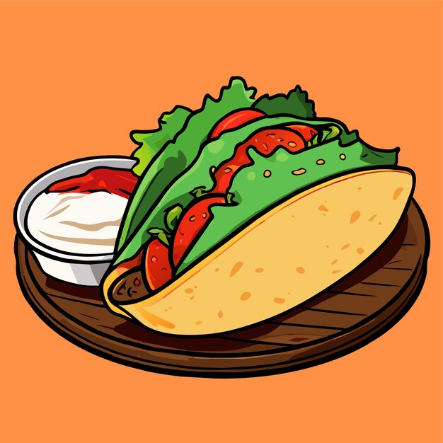 Vector fresh beef taco on wooden table with sauce