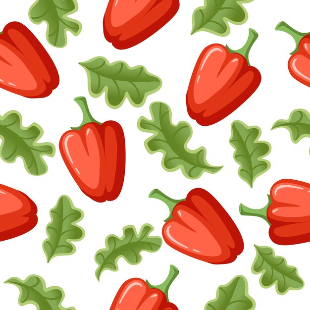 Fresh bell red pepper and green lettuce flat vector vegetable seamless pattern illustration