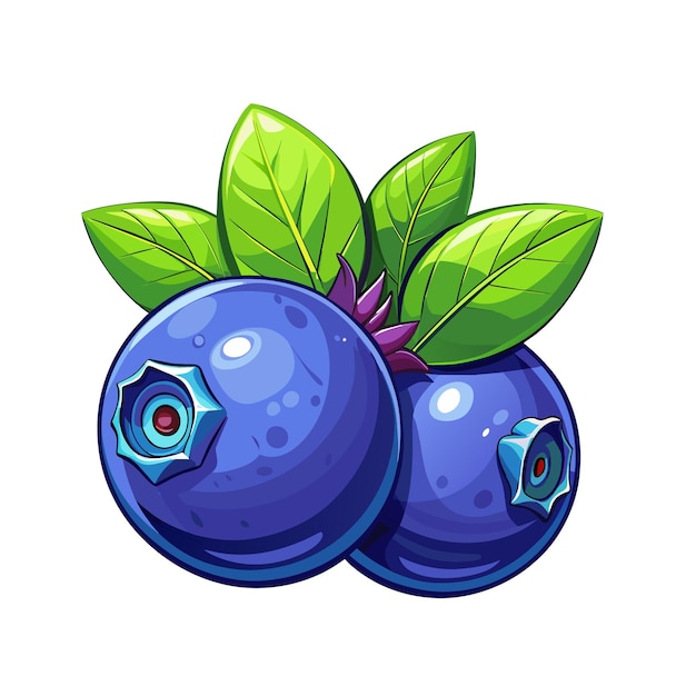 Fresh blueberry berry with leaves cartoon style on white background