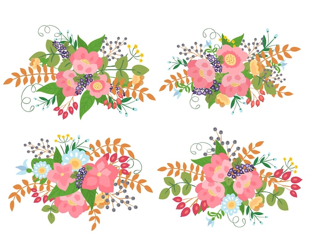 Vector fresh  bouquets collection of pink flowers and berries .