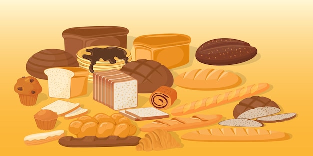 Vector fresh bread on a beige background confectionery products croissant and french baguette