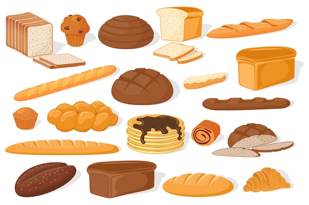 Vector fresh bread and rolls confectionery products croissant and french baguette loaf of bread and pancake