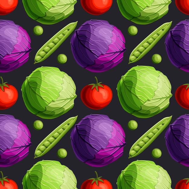 Fresh bright vegetables green and red cabbage, tomato and peas seamless pattern