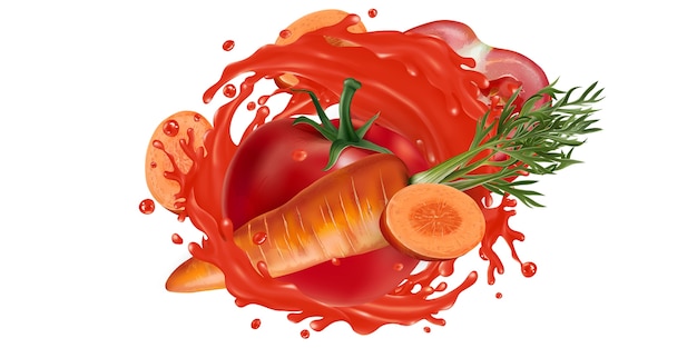 Fresh carrots and tomatoes and a splash of vegetable juice on a white background. Realistic illustration.