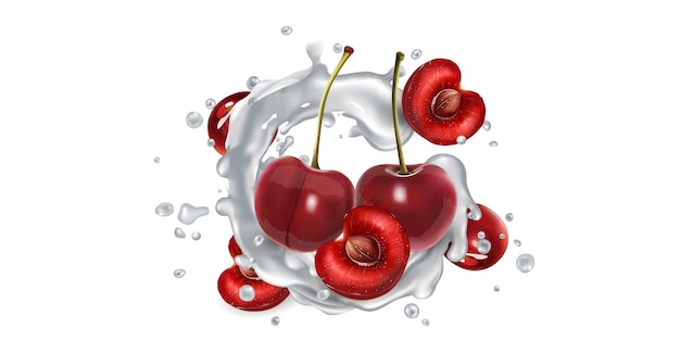 Fresh cherries in milk splashes on a white background.