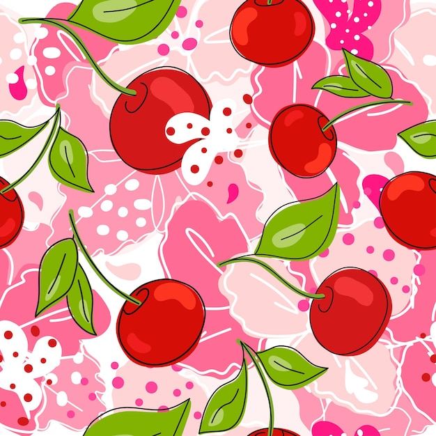 Vector fresh cherries red berries fruits seamless texture doodle minimal style handwriting
