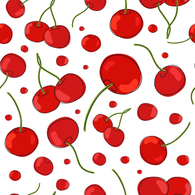 Fresh cherries red berries fruits on a white background Seamless texture Doodle Black line