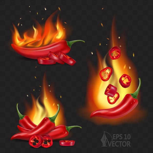 Fresh chili pepper burning pepper with falling pieces BBQ spicy food 3d realistic vector icon set