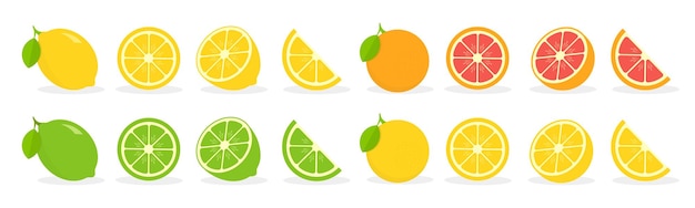 白い背景の上の新鮮な柑橘系の果物オレンジレモンライムとグレープフルーツ全体の半分とスライス