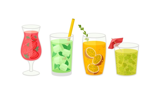 Vettore cocktail freschi e frullati in vetro con set di vettori di paglia acqua di frutta rinfrescante