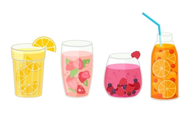 fresh cocktails with ice cubes and sliced fruits and berries in glass and jar with straw vector set refreshing fruit water