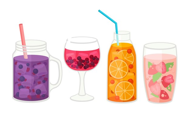 fresh cocktails with ice cubes and sliced fruits and berries in glass and jar with straw vector set