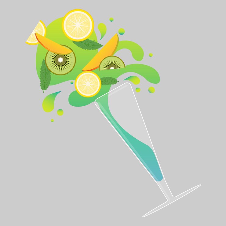 Vector fresh colorful cocktail with lemon mango kiwi fruit slice