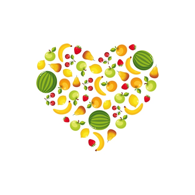 Vector fresh colorful fruits and vegetables in shape of heart vector illustration on white background