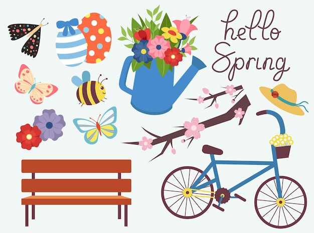fresh colorful spring pattern with bees and flowers vector illustration in flat style