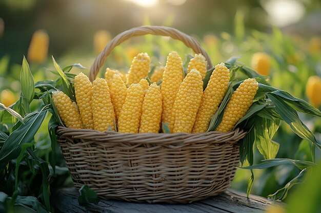 fresh corn on the cob in a wicker basket on a sunrise time