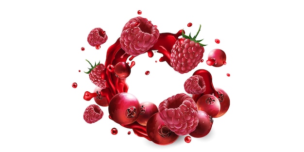 Fresh cranberries and raspberries in fruit juice splashes on a white background.