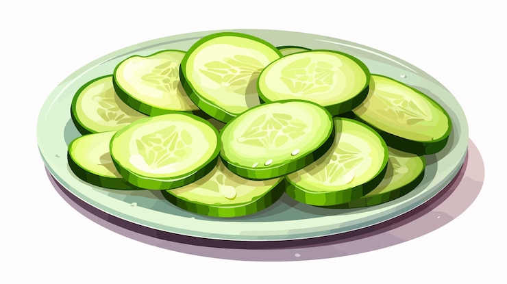 Vector fresh cucumber slices on cartoon plate