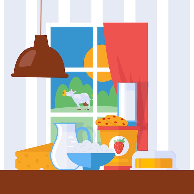 Vector fresh dairy products,  illustration. milk, cheese and butter on a kitchen table in farmhouse.