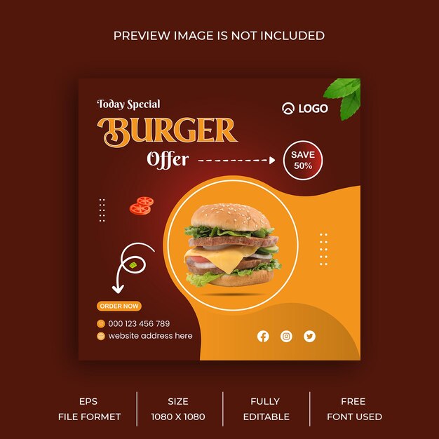 Fresh delicious burger and restaurant food menu social media post banner template design