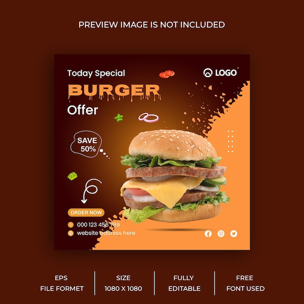 Vector fresh delicious burger and restaurant food menu social media post banner template design