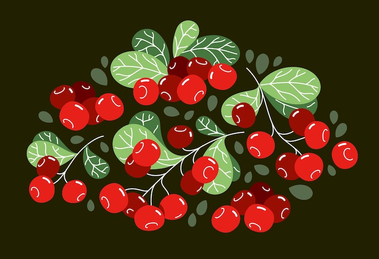 Vector fresh delicious ripe wild lingonberry vector flat illustration on dark background, natural diet food vegetation tasty eating, forest wild berries series.