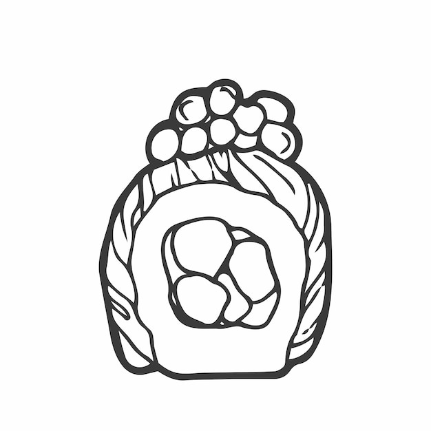 Fresh delicious sushi rolls in doodle style. Black and white vector illustration