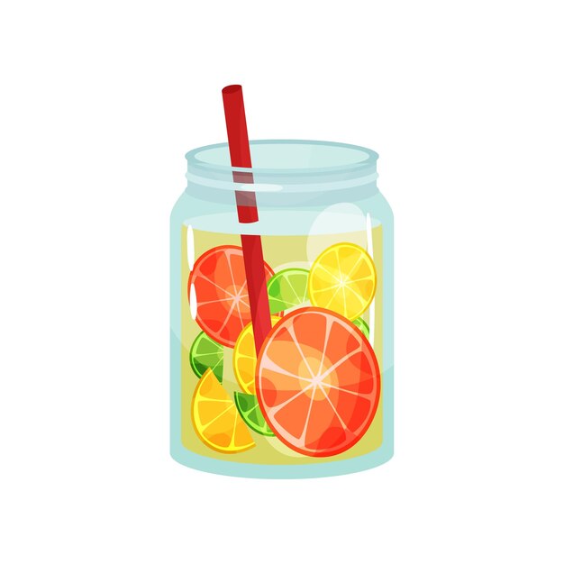 Fresh detox drink with slices of grapefruit lemon and lime delicious and healthy cocktail natural beverage in glass jar with red straw flat vector for cafe or restaurant menu