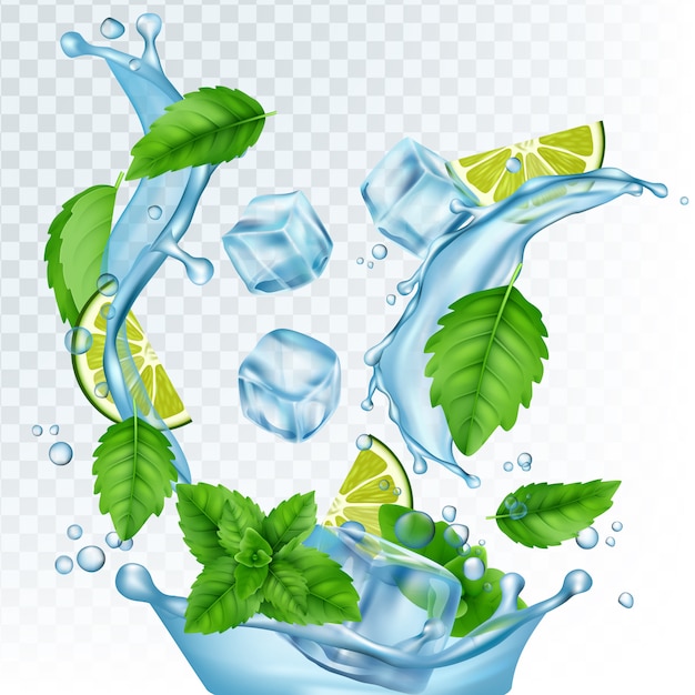 Vettore illustrazione di bevanda fresca acqua realistica, cubetti di ghiaccio, foglie di menta e lime su sfondo trasparente