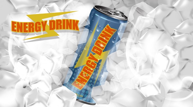 Fresh energy drink in can with ice cubes background, package and  energy drink product poster