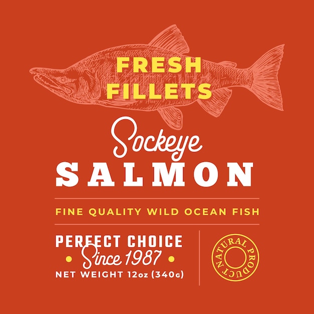 Fresh fillets premium quality label abstract vector fish packaging design layout retro typography wi...