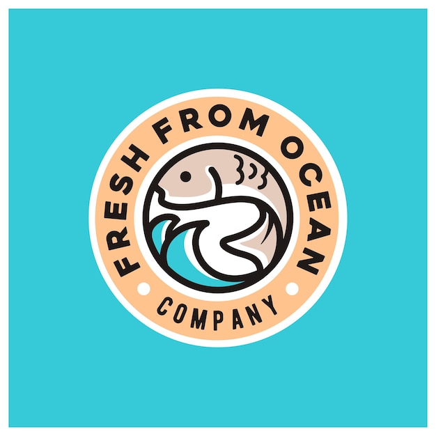 Эмблема свежей рыбы с океанской морской волной для пляжного курорта Кафе-ресторан Seafood Sushi Poke Bar Logo