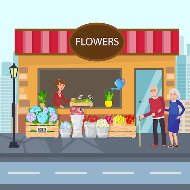 Fresh flowers storefront flat vector illustration