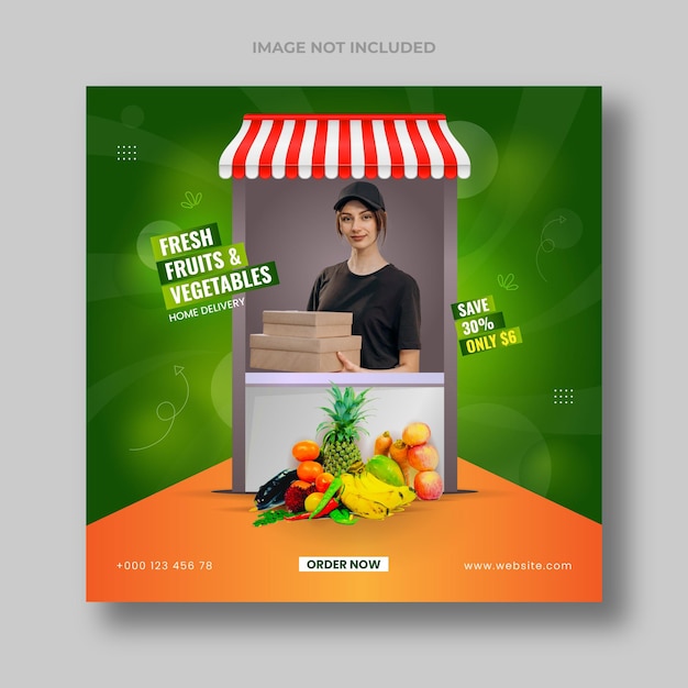Вектор Шаблон рекламного баннера для поста в социальных сетях с доставкой свежих продуктов и овощей