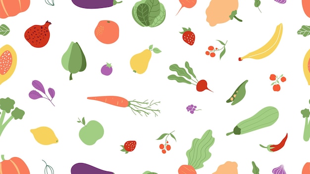 Fresh food seamless pattern. Vegetables, fruits texture. Farm agricultural products vector background. Fruit and vegetable pattern, agriculture organic illustration