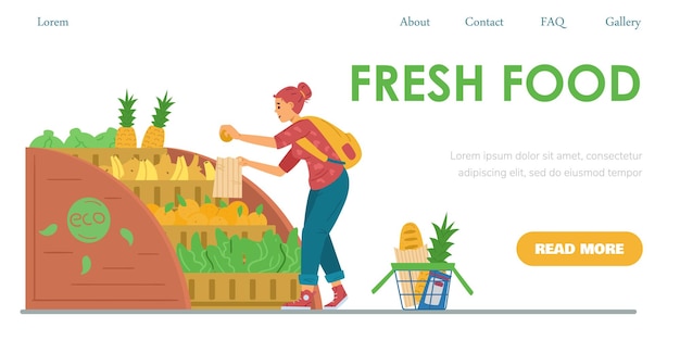 Modello di sito web del negozio di alimenti freschi con illustrazione vettoriale piatta dell'acquirente donna