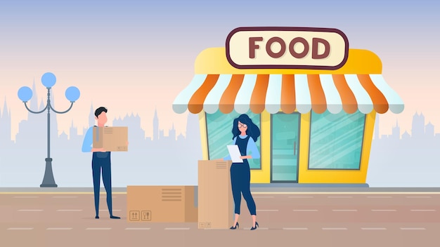 Fresh food store. Grocery store on the background of the city. Flat style. Vector.