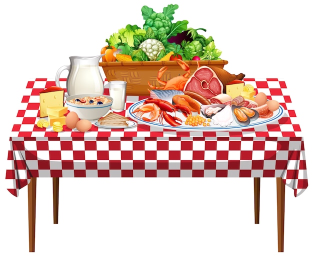 Fresh foods or food groups on the table with checkered pattern tablecloth