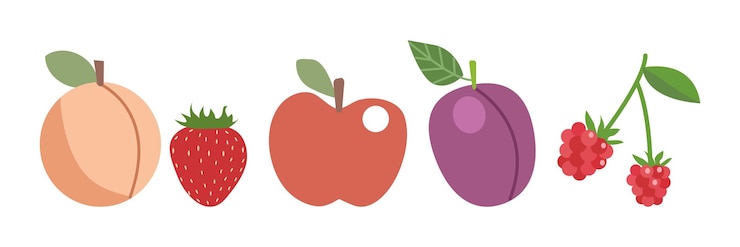 Vector fresh fruit and berries set ripe food summer garden apricot apple strawberry plum raspberry