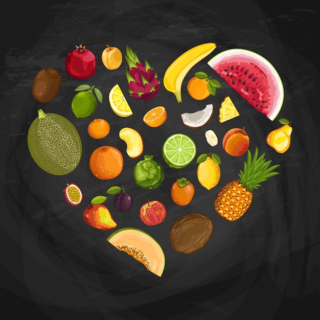 Vector fresh fruit heart shape composition