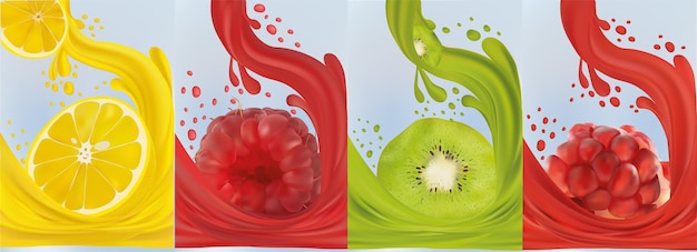 Fresh fruit lemon, raspberry, kiwi, pomegranate. splash juice on sweet fruit