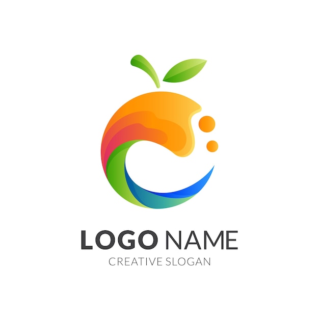 Логотип свежих фруктов, фрукты и вода, комбинированный логотип с красочным 3d стилем