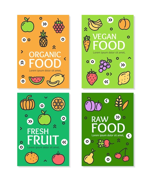 Fresh Fruit Raw Organic Vegan Food Flyer Banner Posters Card Set Vector