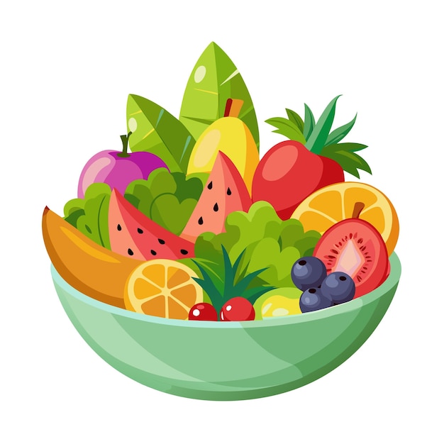 Vector fresh fruit salad in green bowl isolated on white background healthy eating concept