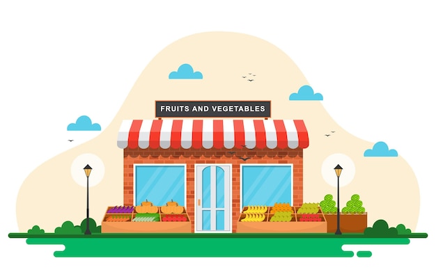 Fresh Fruit Vegetable Store Stall Stand Grocery in Market Illustration