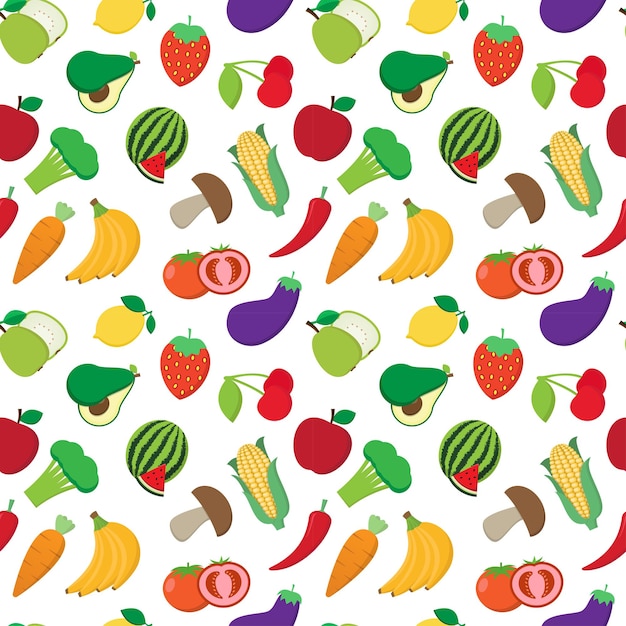 新鮮な果物と野菜のシームレスな抽象的なパターンベクトルデザイン