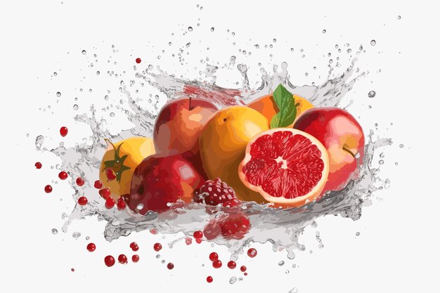 Illustrazione di arte di vettore di spruzzi d'acqua di frutta fresca su priorità bassa bianca