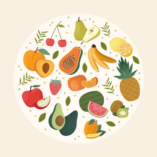 Vector fresh fruits in circle