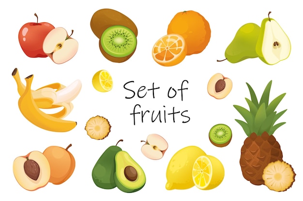 Fresh fruits elements isolated set. Bundle of apple, kiwi, orange, pear, banana, peach, avocado, lemon, pineapple. Vegetarian diet and vitamin-rich foods. Vector illustration in flat cartoon design